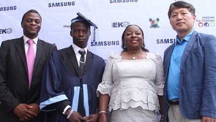 L-R: Mr. Koye Sowemimo, Head Corporate Marketing, Samsung Electronics West Africa; Sunday Oyelami, Overall Best Graduating Student, Samsung Engineering Academy Class of 2014; Mrs Folasade Fasehun, Head, Lagos Eko Secondary School Education Project, and Mr. Brovo Kim, Managing Director, Samsung Electronics West Africa, at the Samsung Engineering Academy graduation ceremony.